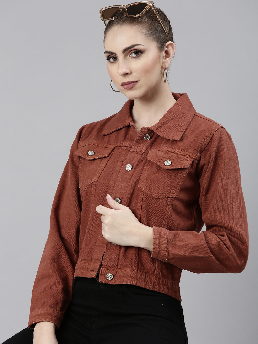 Women Rust Solid Denim Jacket