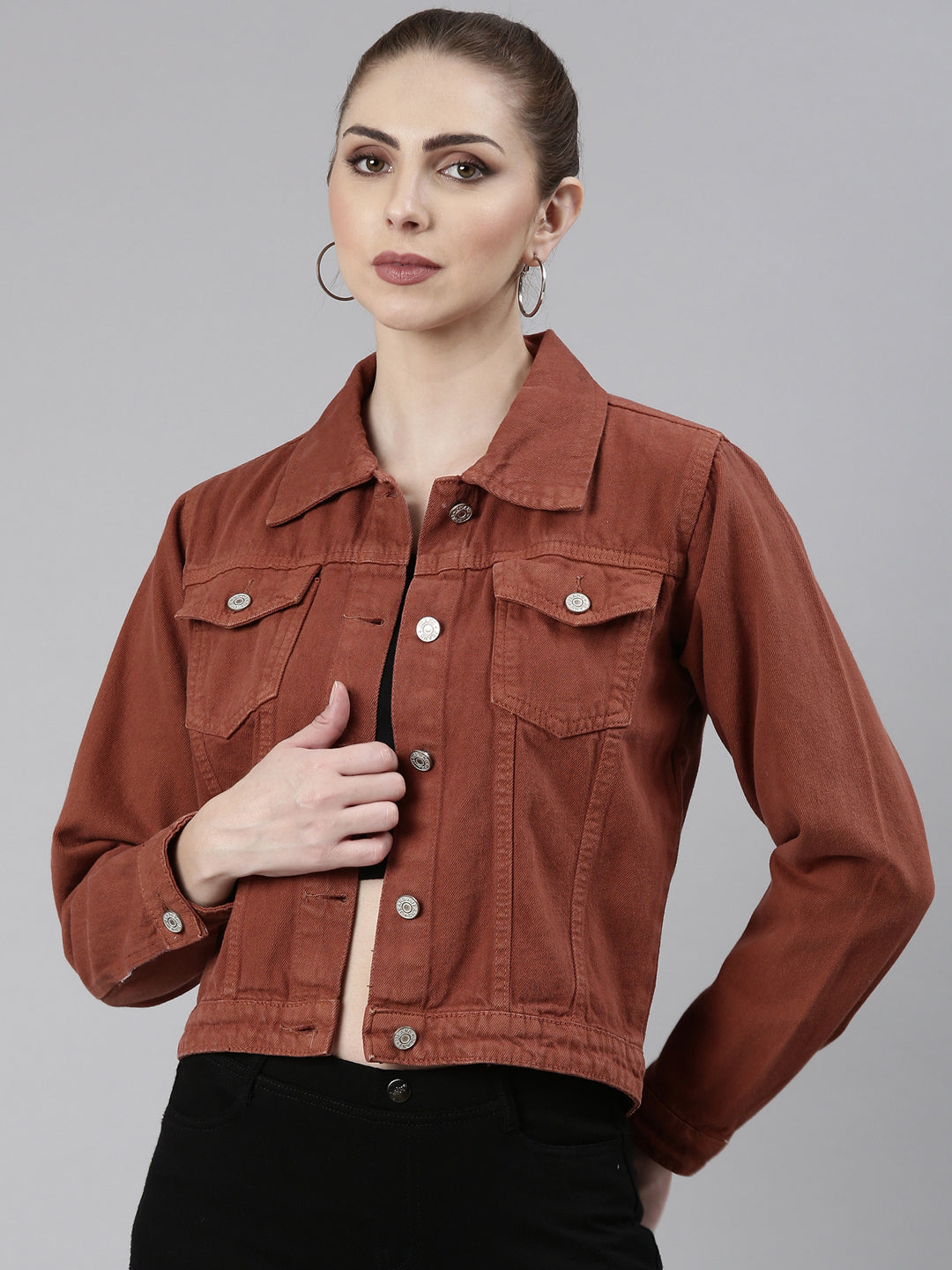 Women Rust Solid Denim Jacket