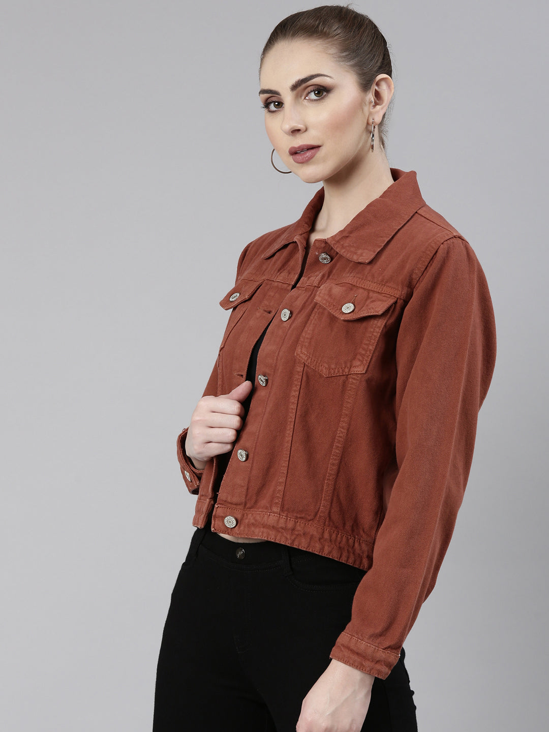 Women Rust Solid Denim Jacket