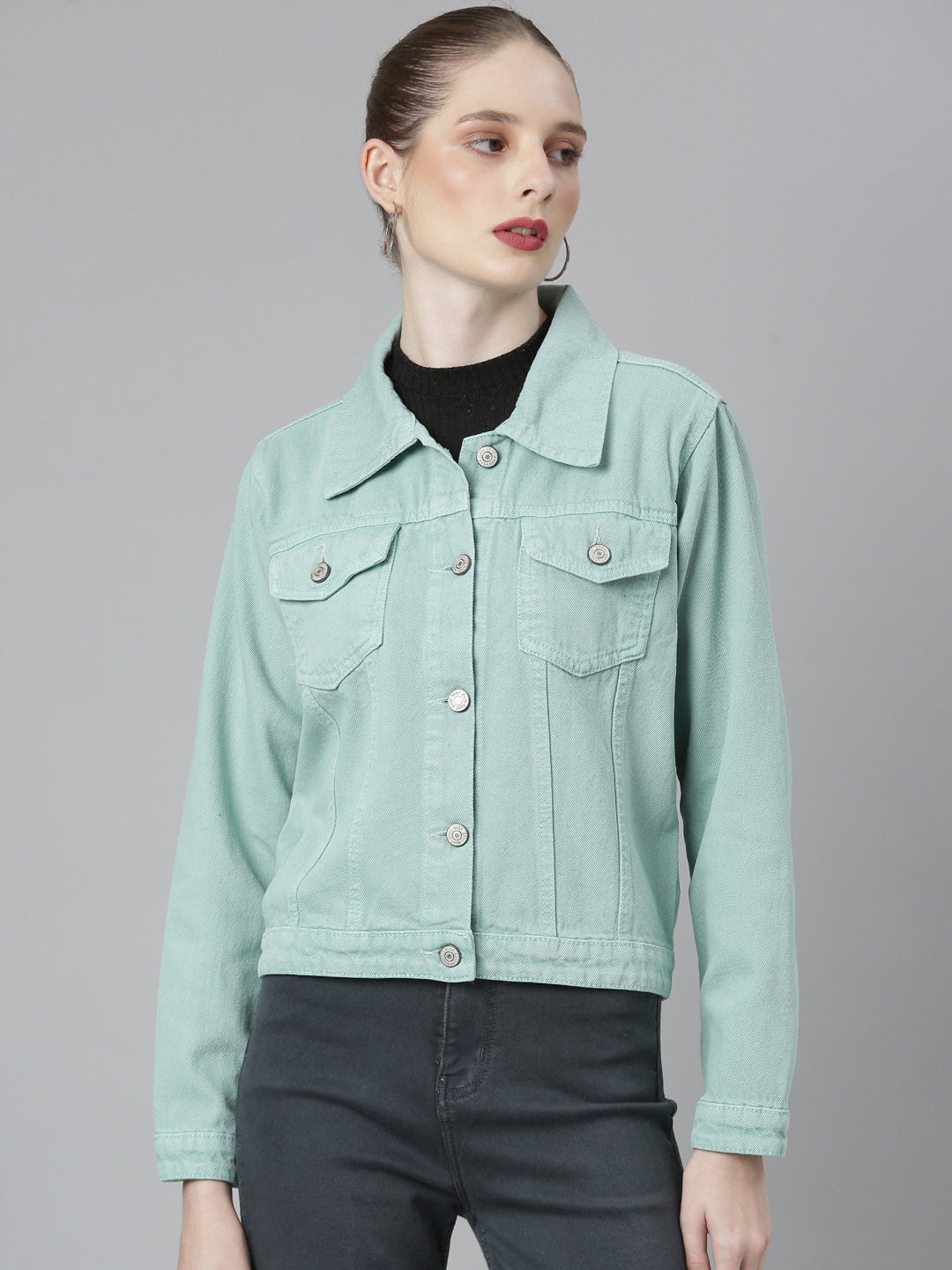 Women Spread Collar Solid Sea Green Denim Jacket