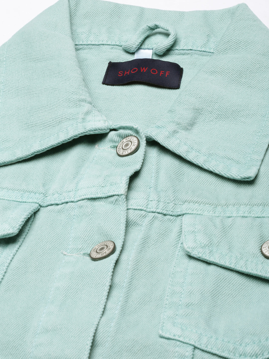 Women Spread Collar Solid Sea Green Denim Jacket