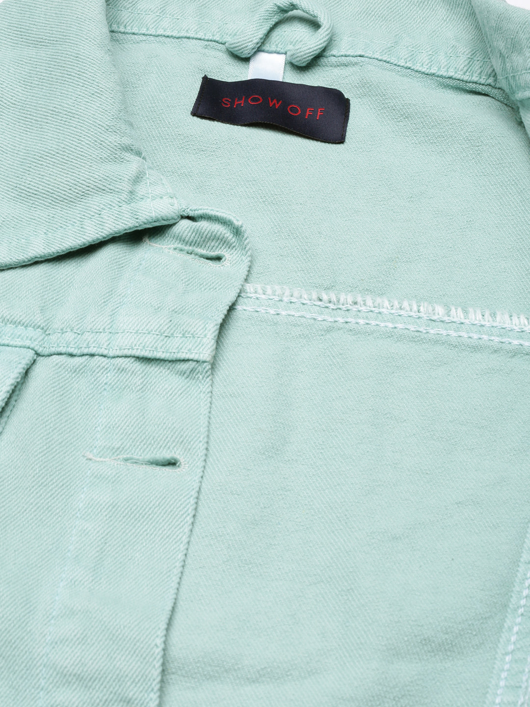 Women Spread Collar Solid Sea Green Denim Jacket