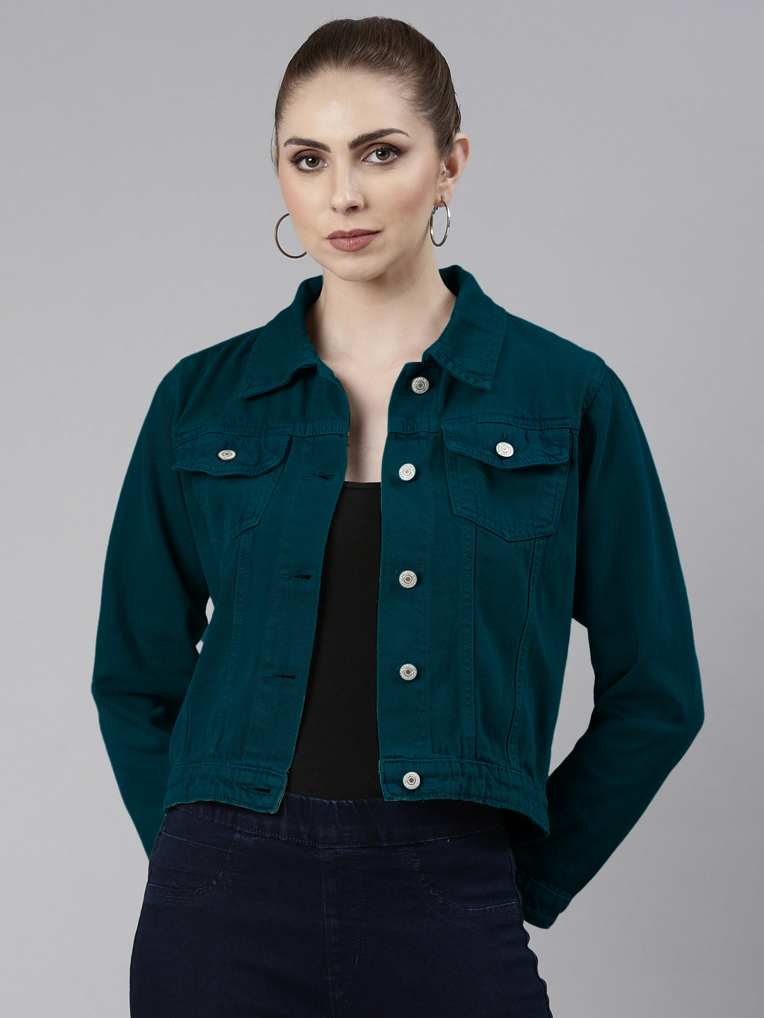 Women Spread Collar Turquoise Blue Solid Denim Jacket