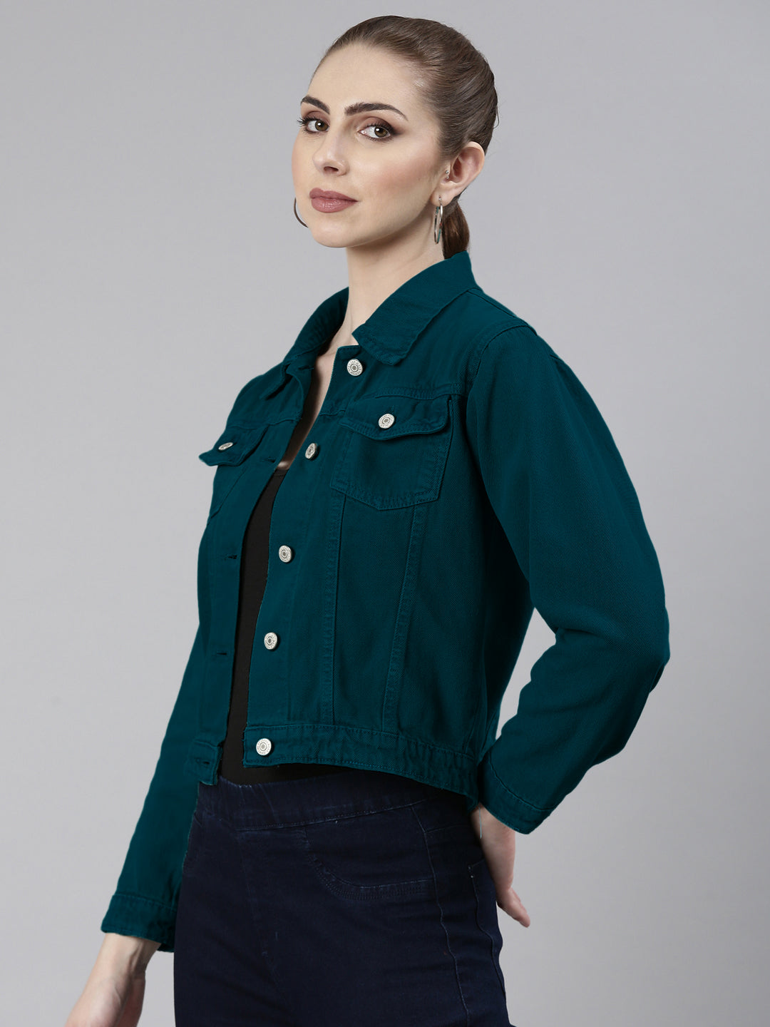 Women Spread Collar Turquoise Blue Solid Denim Jacket