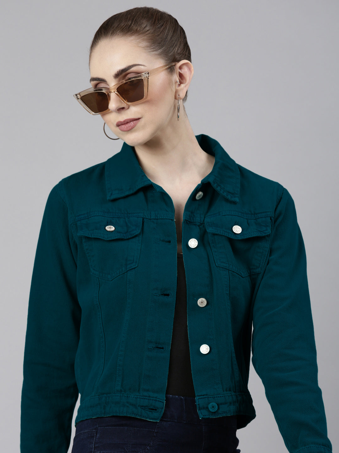 Women Spread Collar Turquoise Blue Solid Denim Jacket