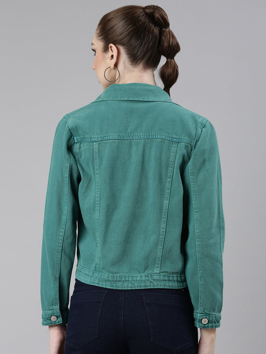 Women Turquoise Blue Solid Denim Jacket