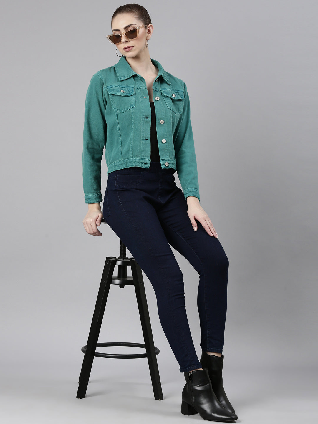 Women Turquoise Blue Solid Denim Jacket