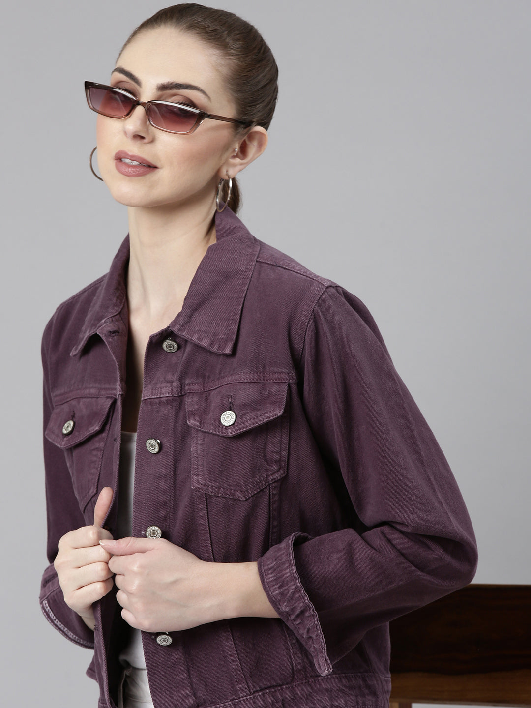 Women Violet Solid Denim Jacket