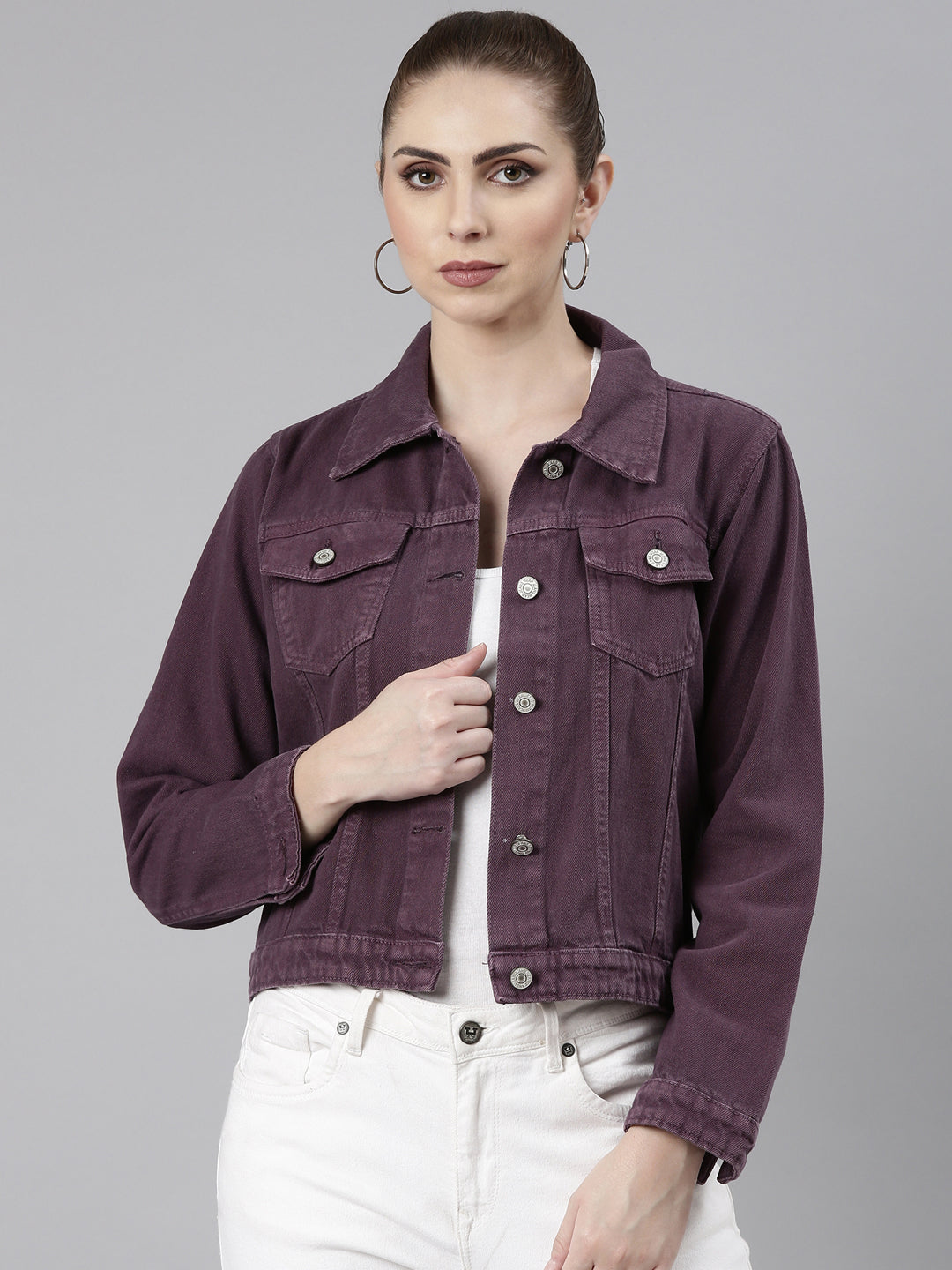 Women Violet Solid Denim Jacket