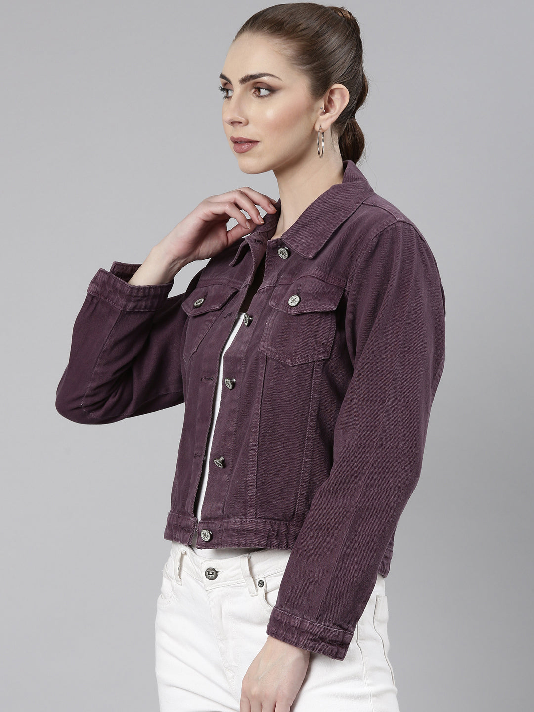 Women Violet Solid Denim Jacket