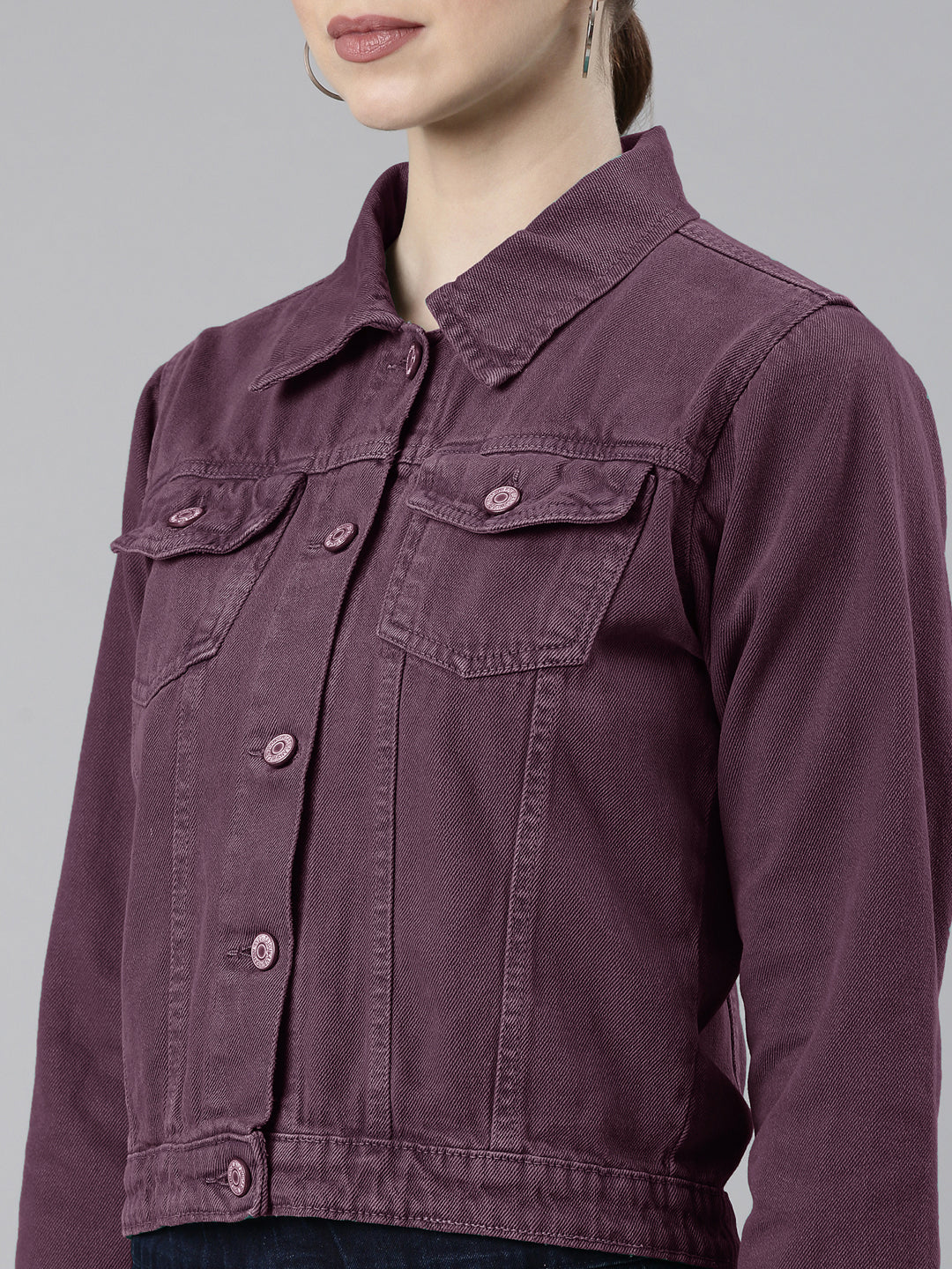 Women Violet Solid Denim Jacket