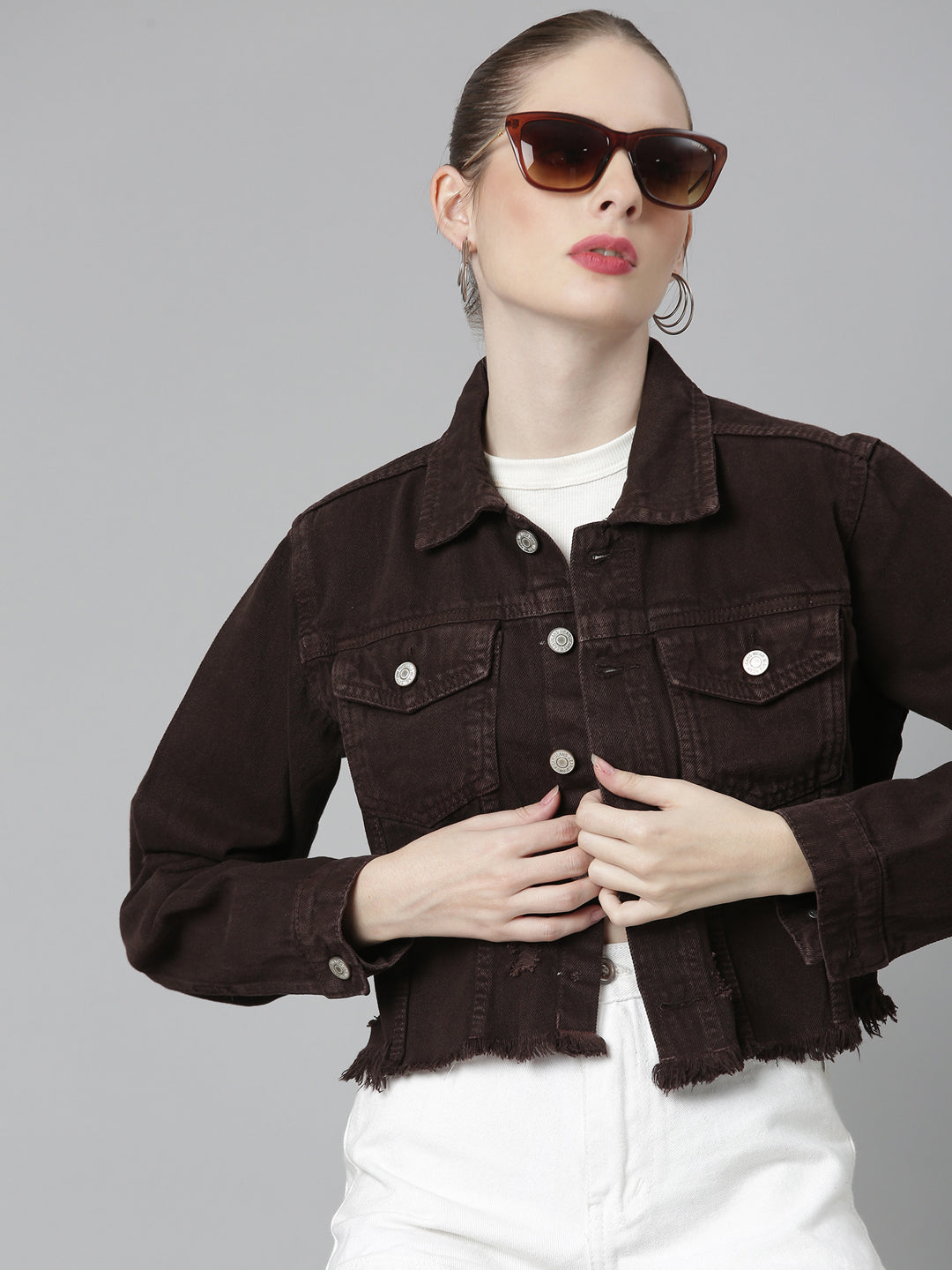 Women Coffee Brown Solid Denim Jacket