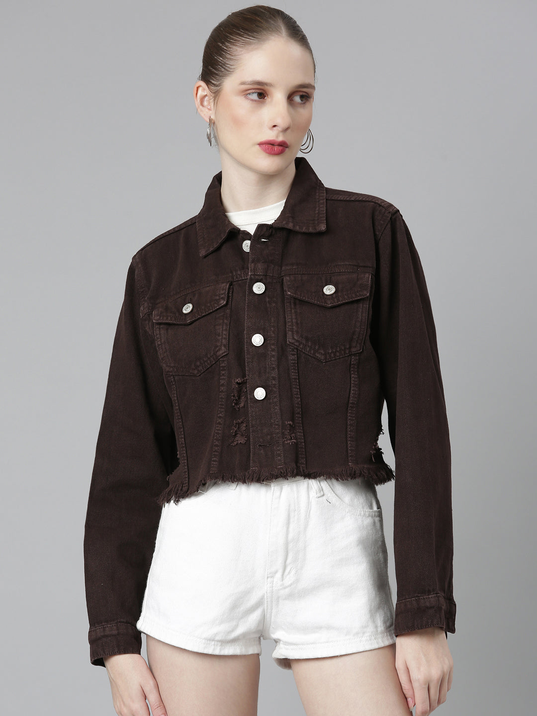 Women Coffee Brown Solid Denim Jacket