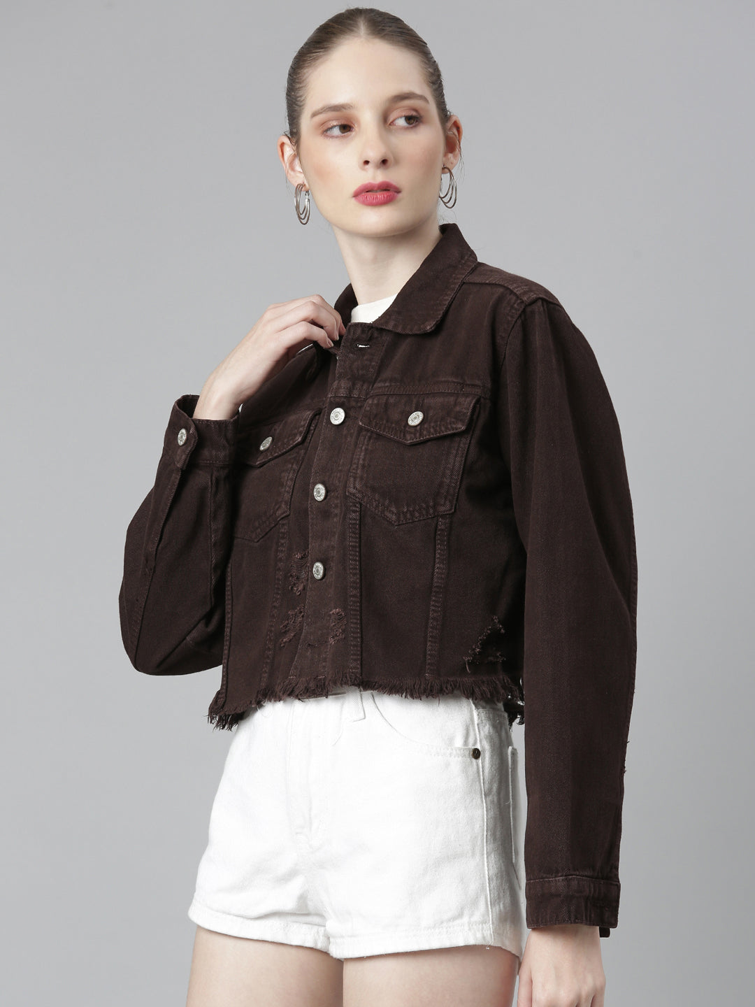 Women Coffee Brown Solid Denim Jacket