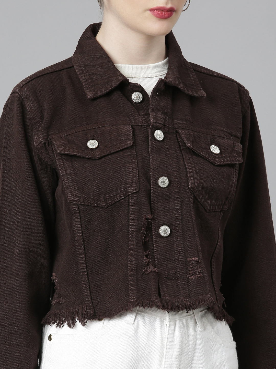 Women Coffee Brown Solid Denim Jacket