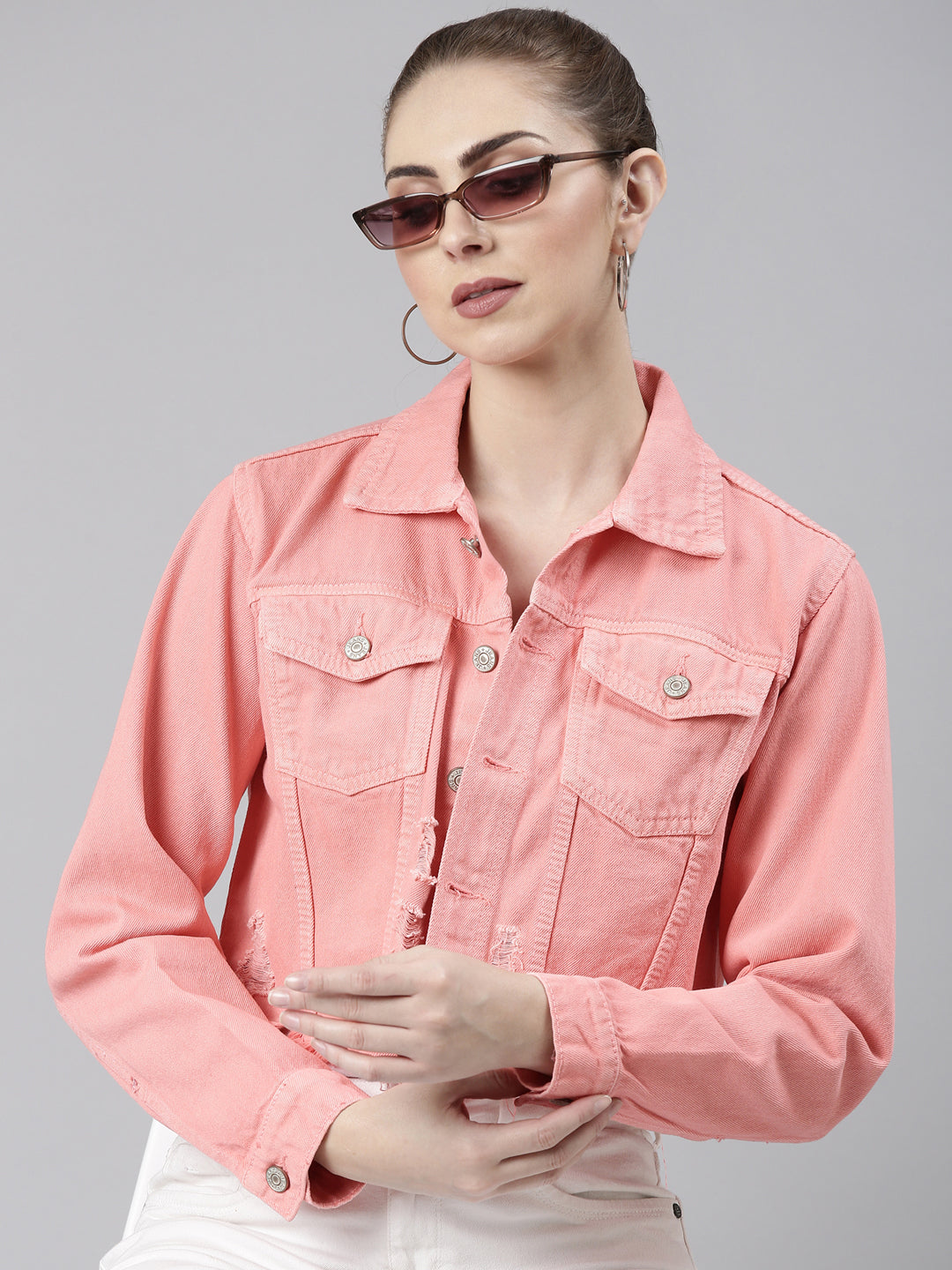 Women Coral Solid Denim Jacket