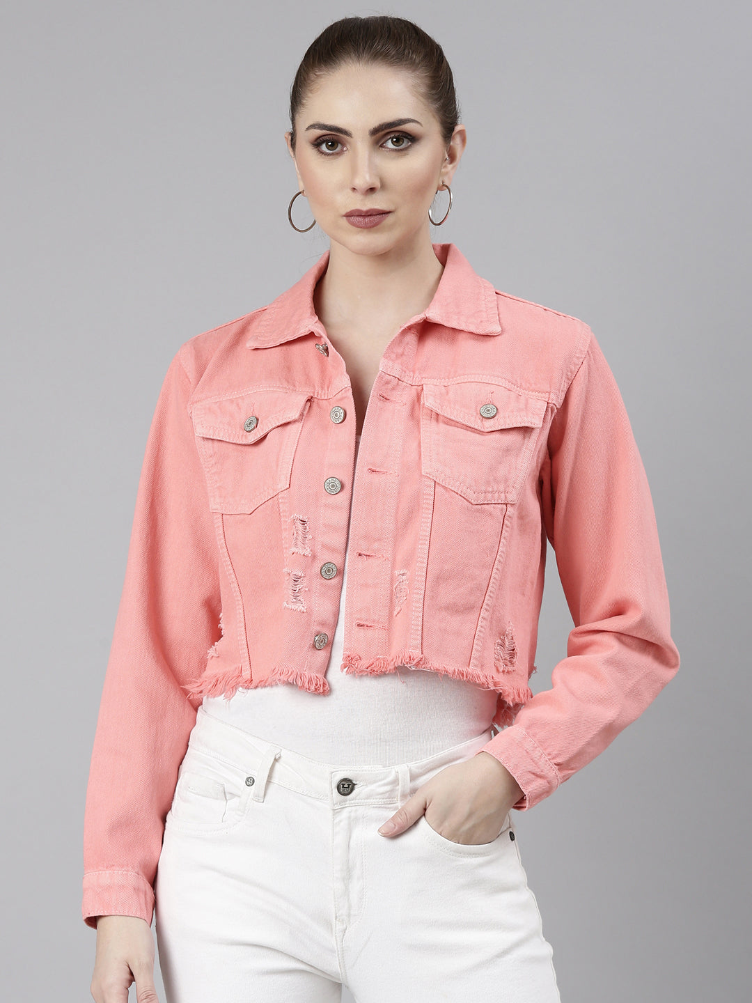 Women Coral Solid Denim Jacket