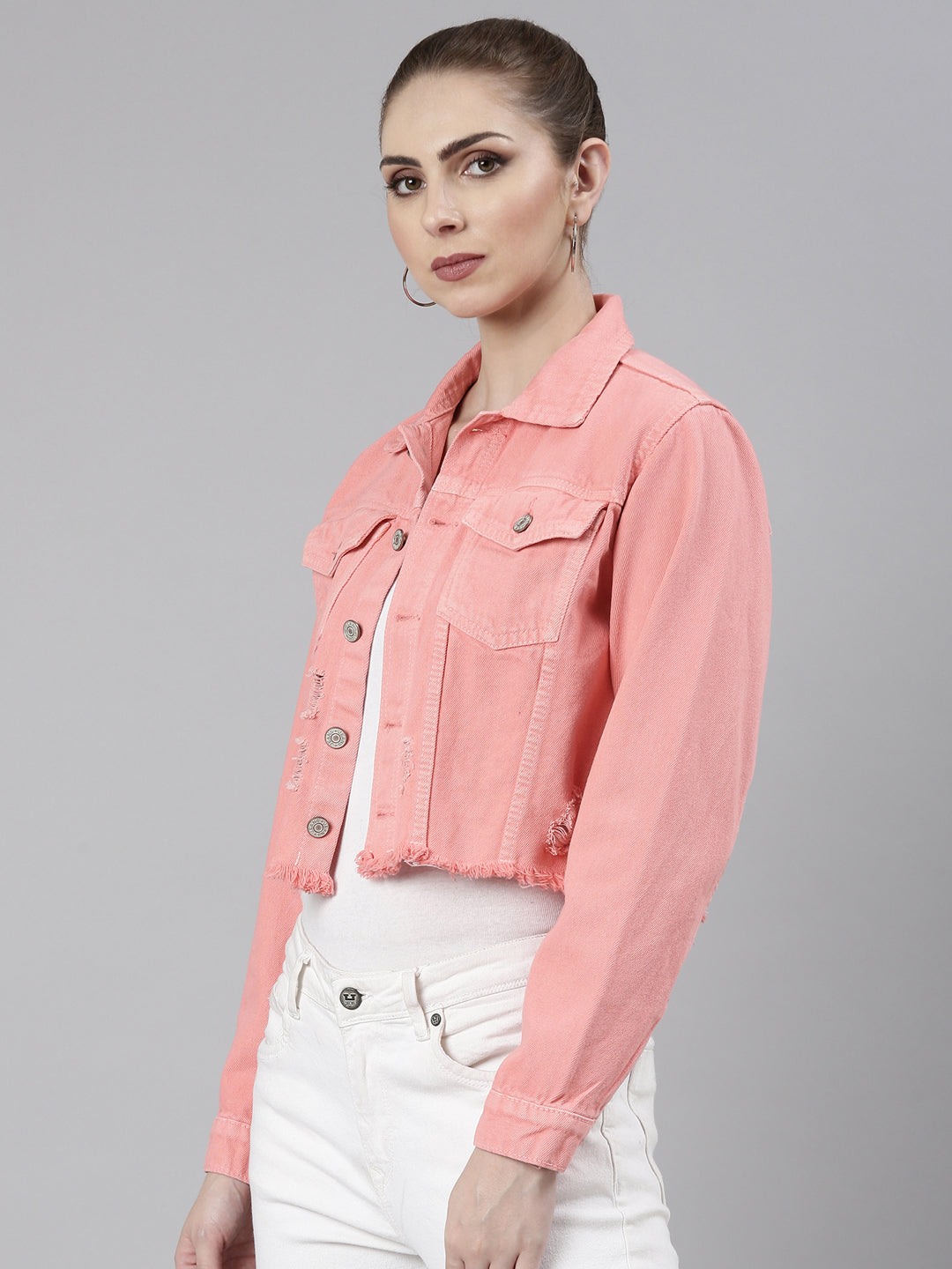 Women Coral Solid Denim Jacket