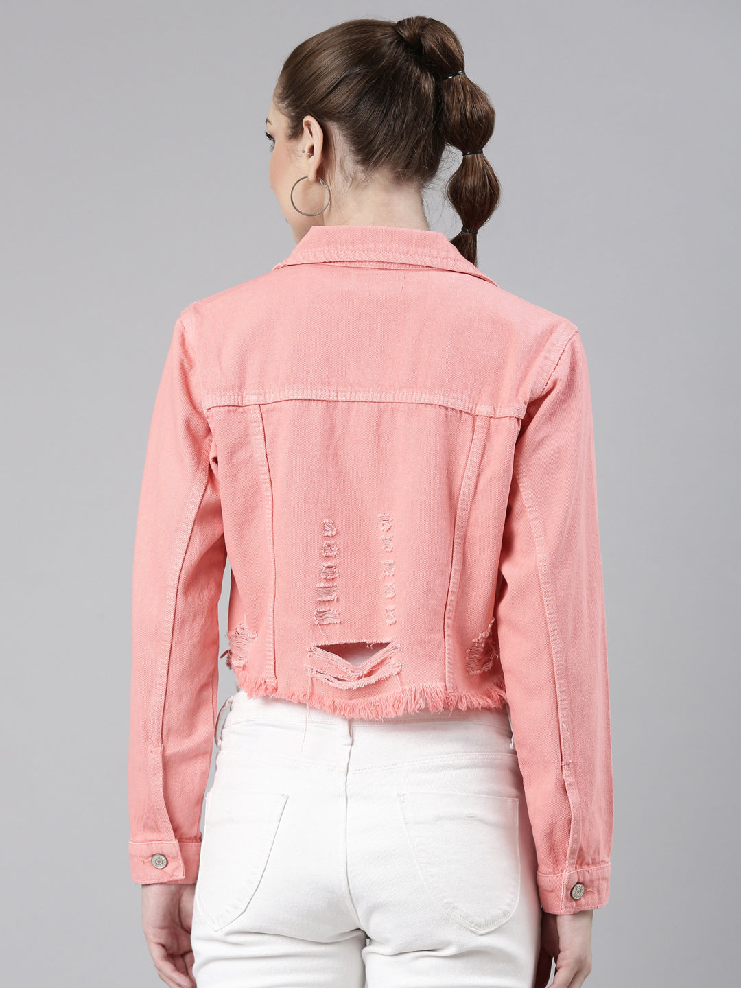 Women Coral Solid Denim Jacket