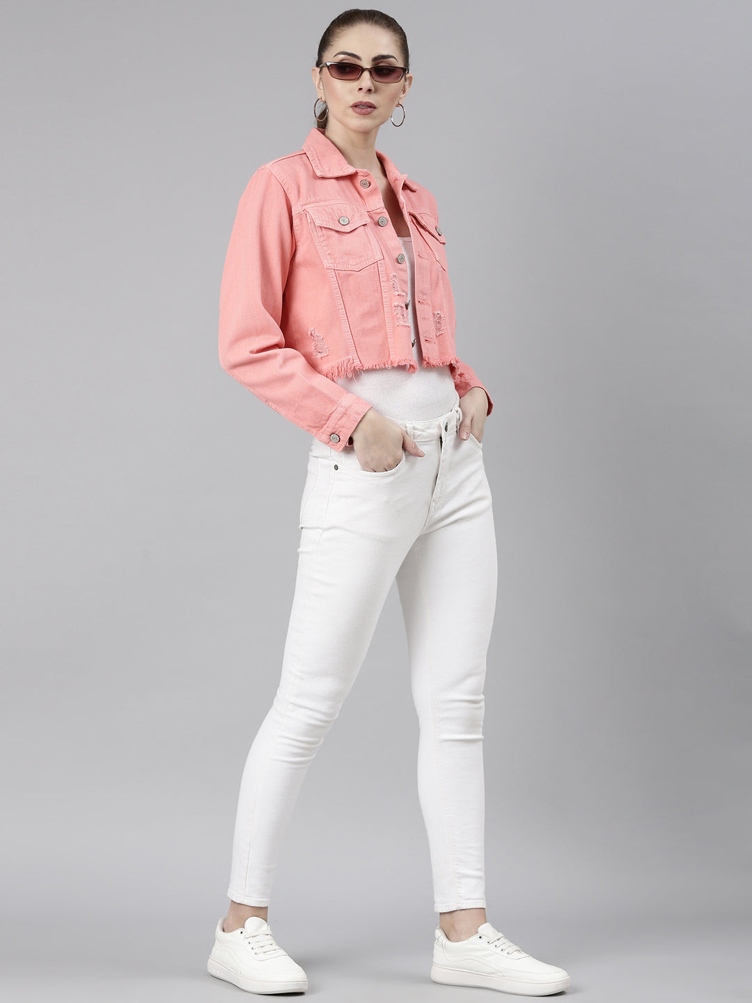 Women Coral Solid Denim Jacket