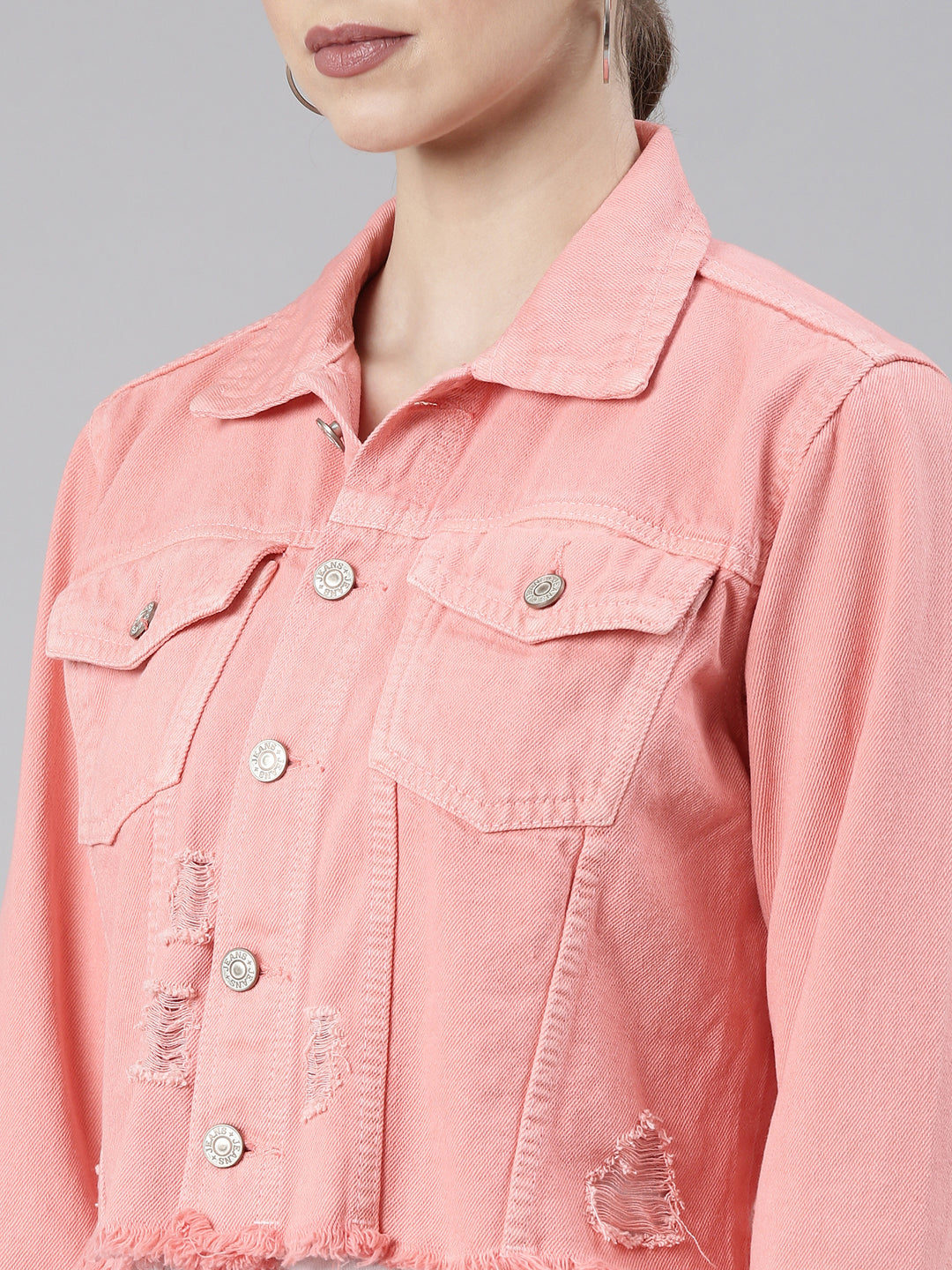 Women Coral Solid Denim Jacket