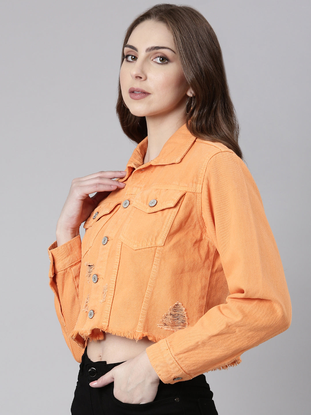 Women Orange Solid Denim Jacket