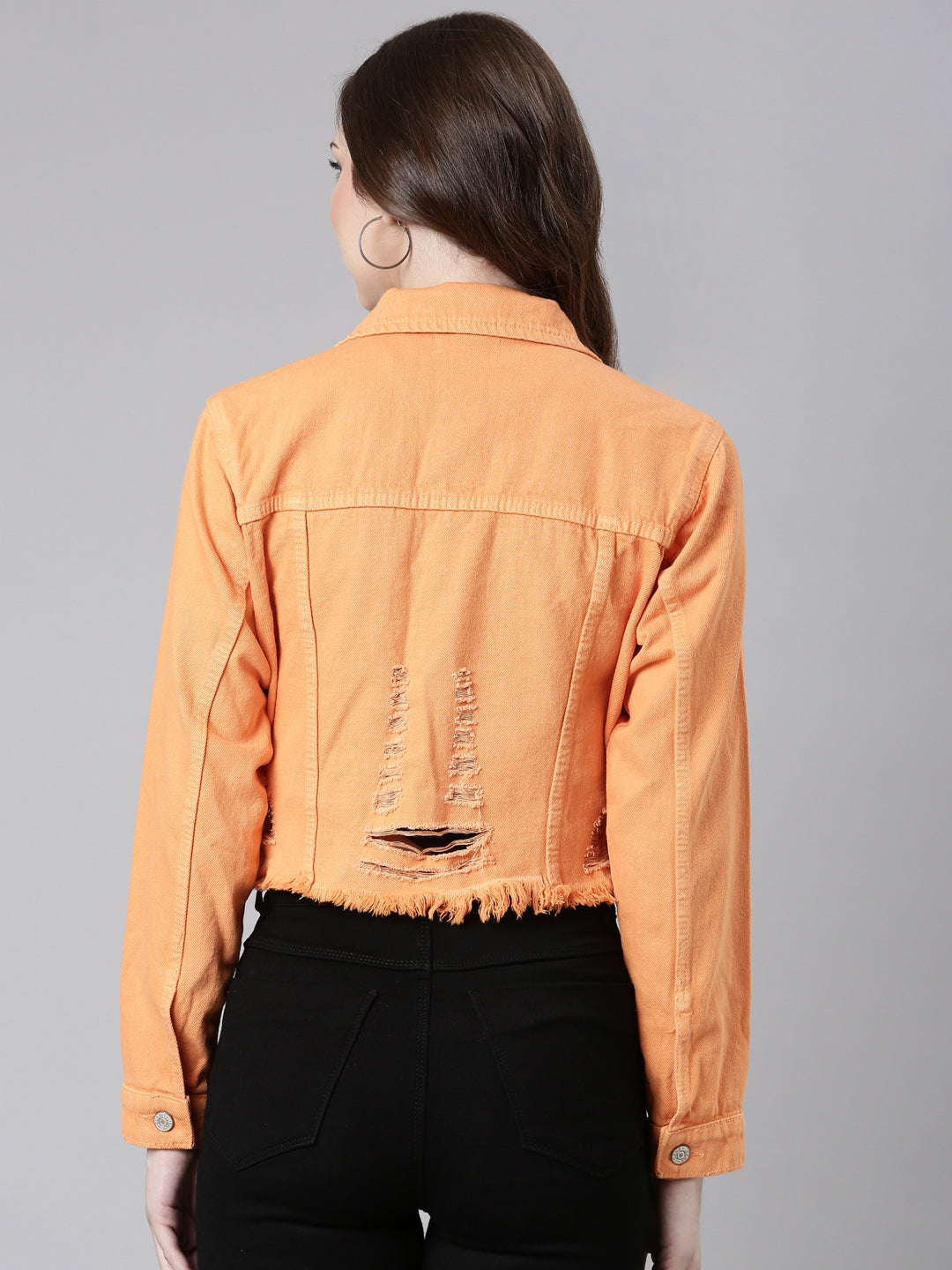 Women Orange Solid Denim Jacket