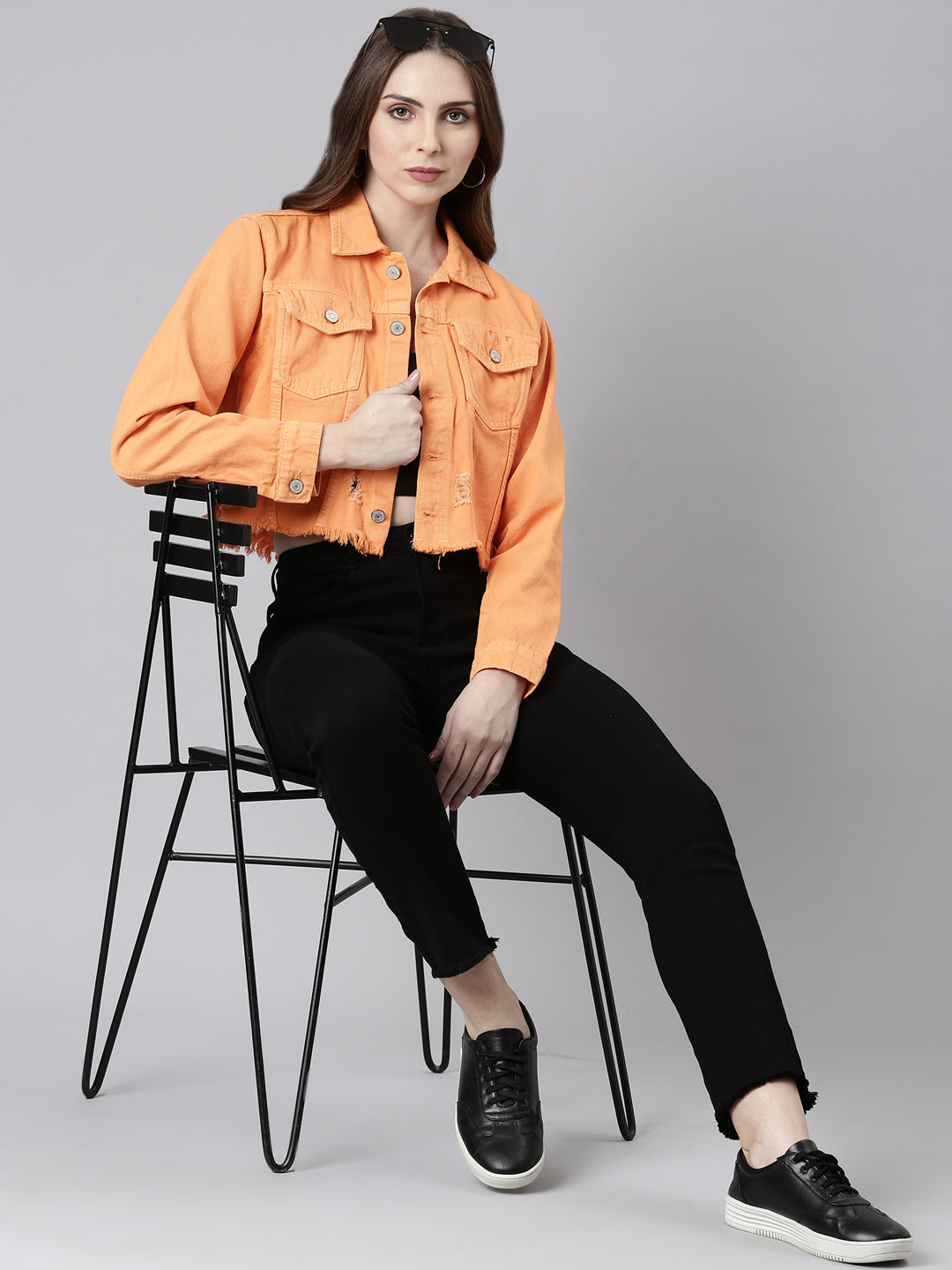 Women Orange Solid Denim Jacket