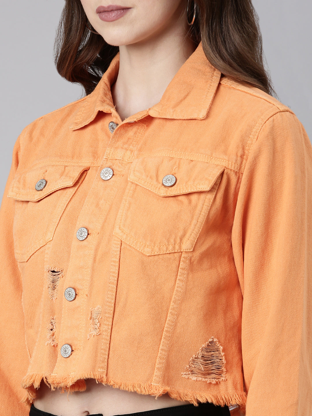 Women Orange Solid Denim Jacket