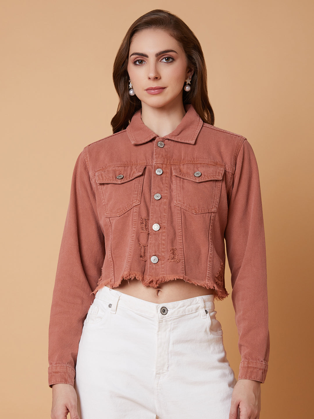 Women Peach Denim Jacket