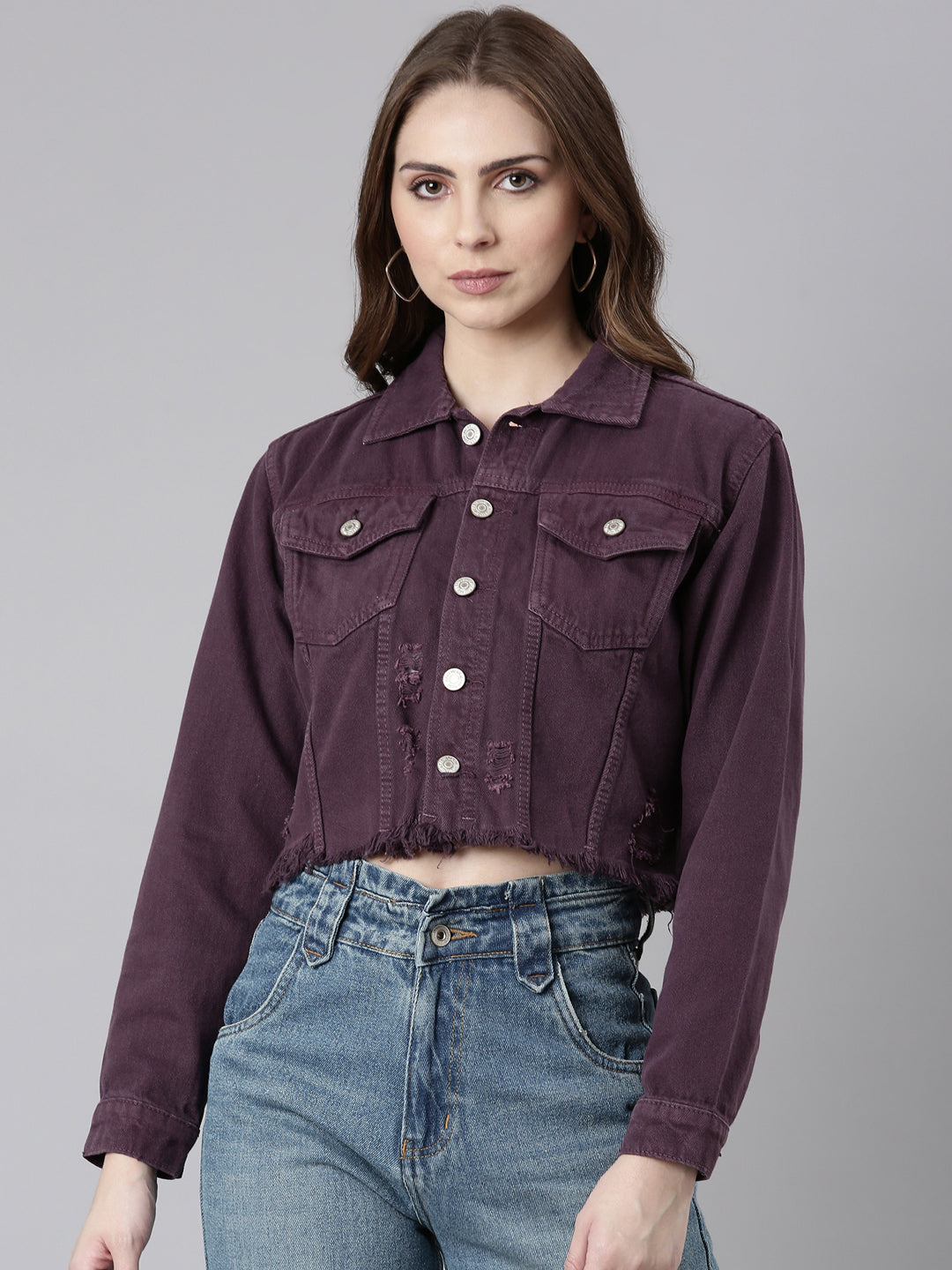 Women Purple Solid Denim Jacket