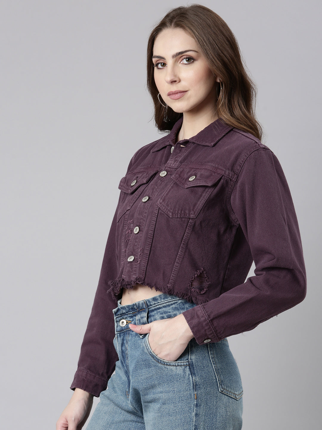 Women Purple Solid Denim Jacket