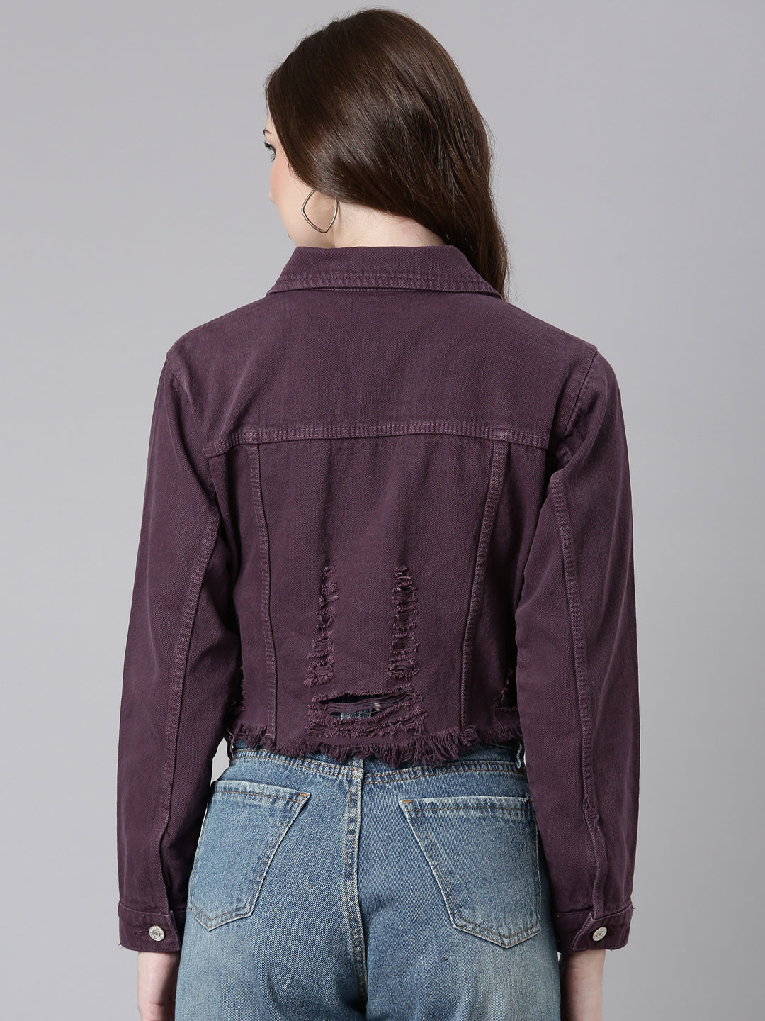 Women Purple Solid Denim Jacket