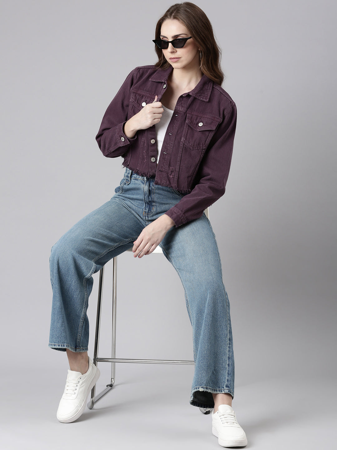 Women Purple Solid Denim Jacket