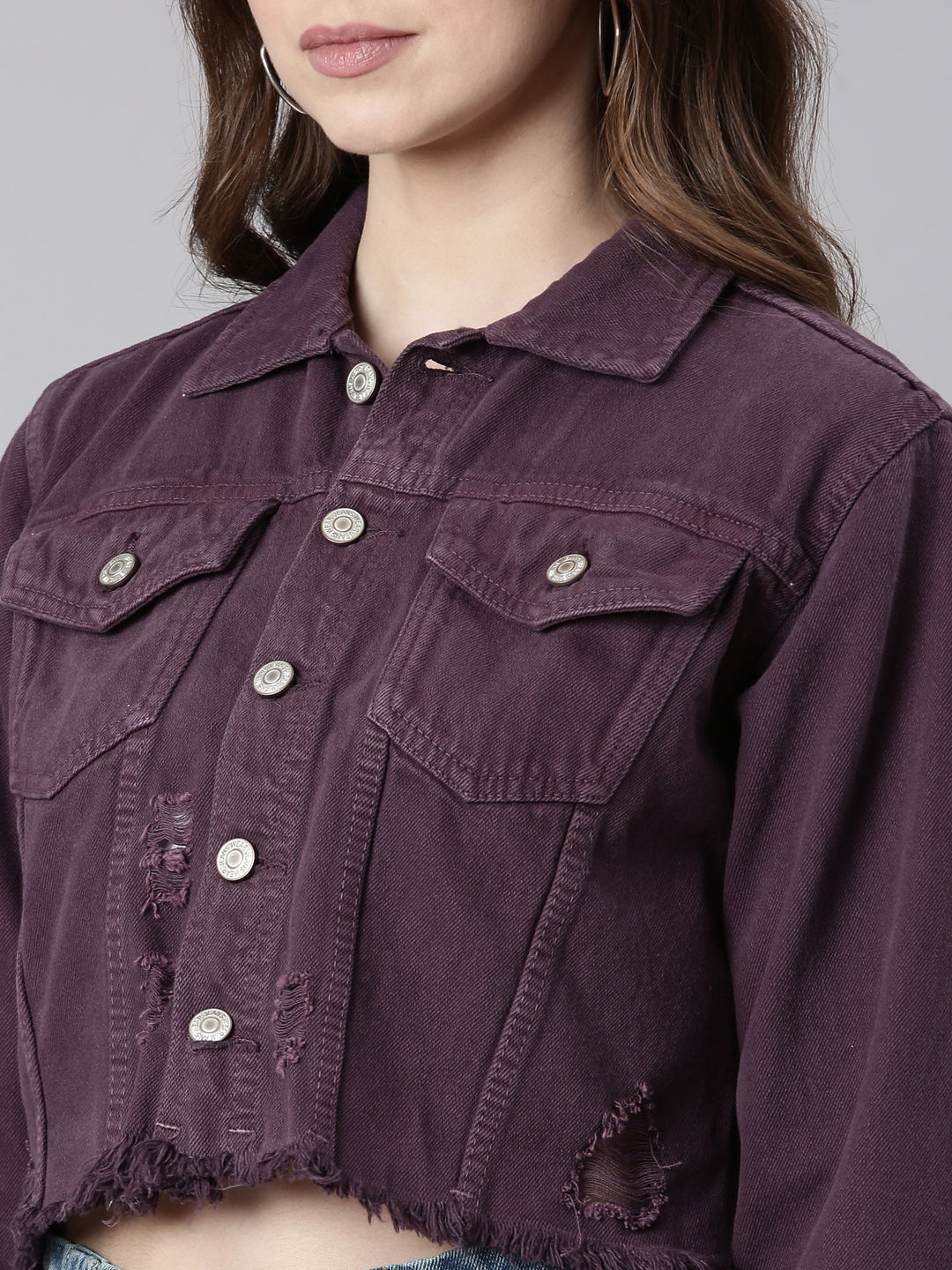 Women Purple Solid Denim Jacket