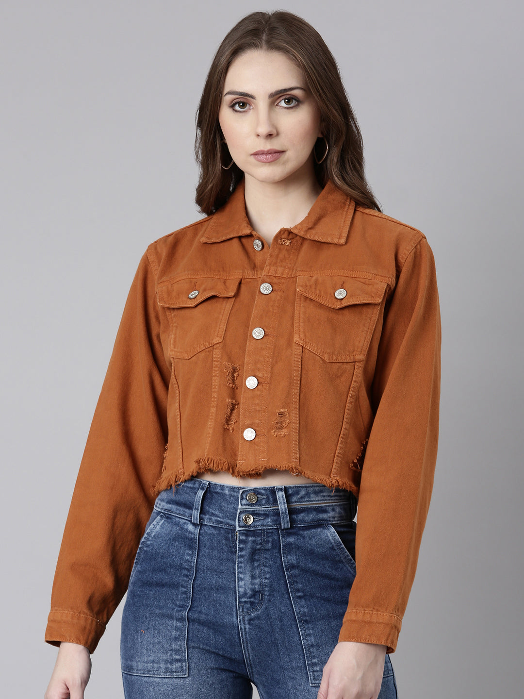 Women Rust Solid Denim Jacket