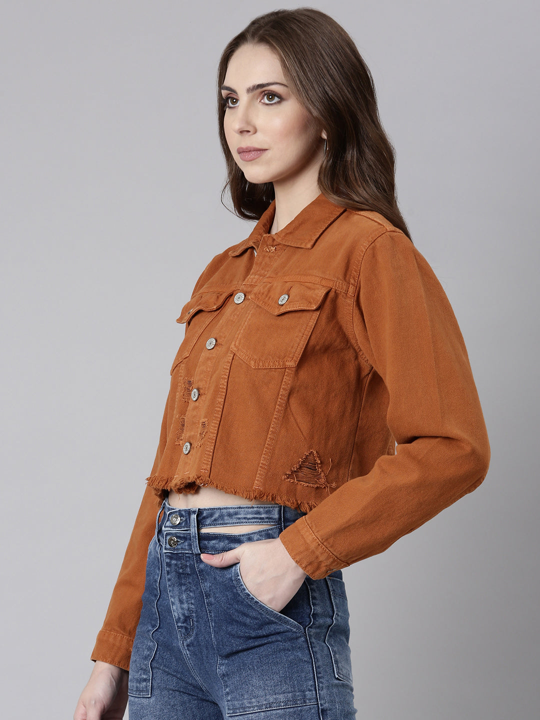 Women Rust Solid Denim Jacket