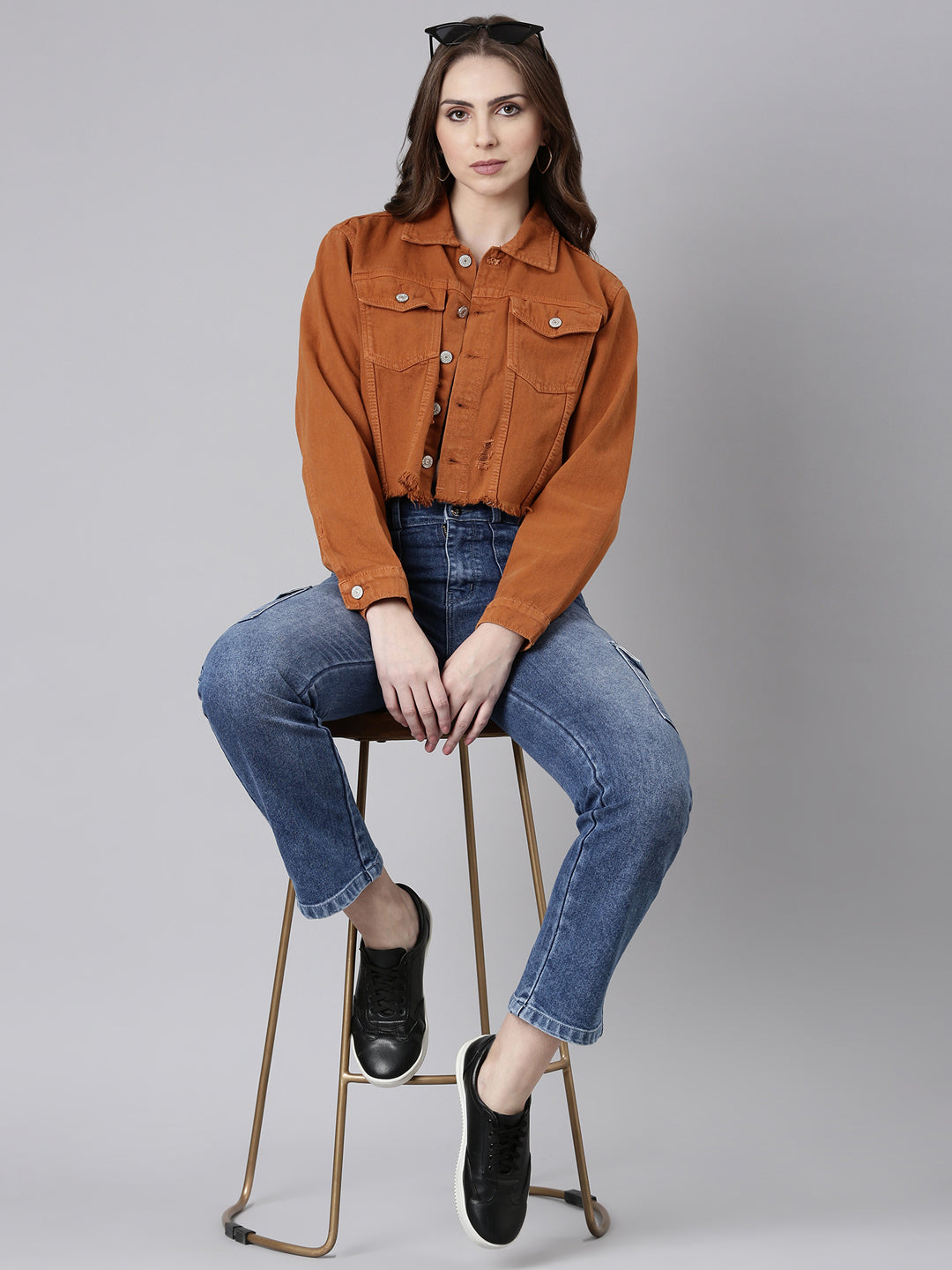 Women Rust Solid Denim Jacket