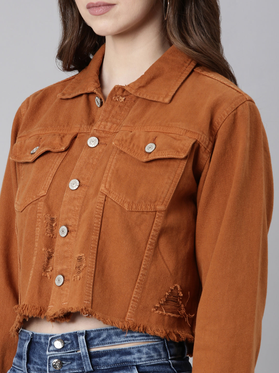 Women Rust Solid Denim Jacket