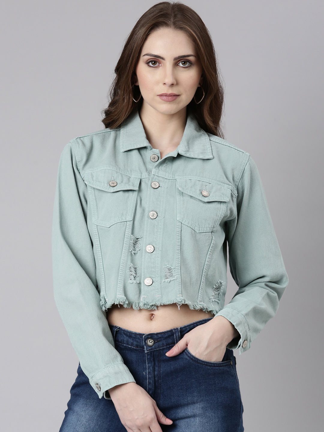 Women Sea Green Solid Denim Jacket