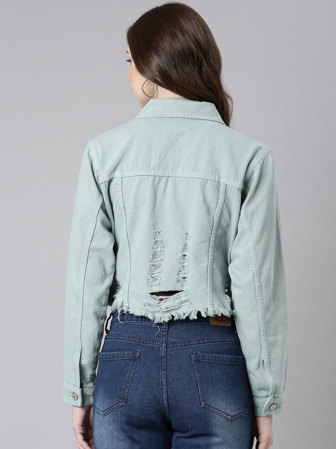 Women Sea Green Solid Denim Jacket