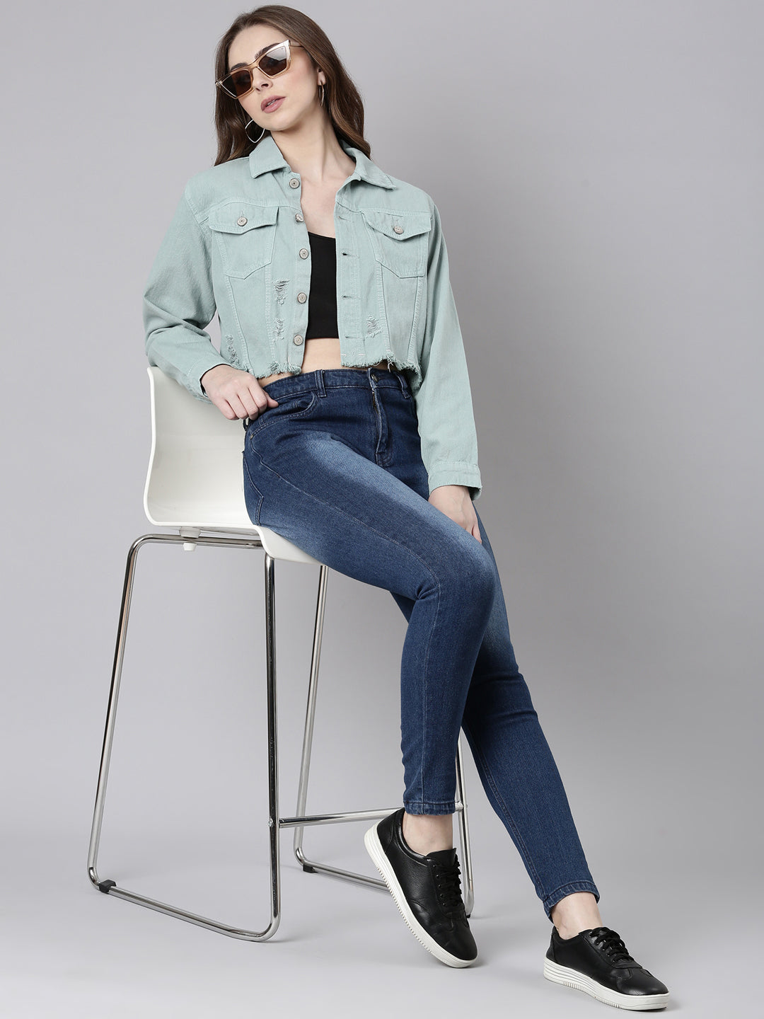 Women Sea Green Solid Denim Jacket