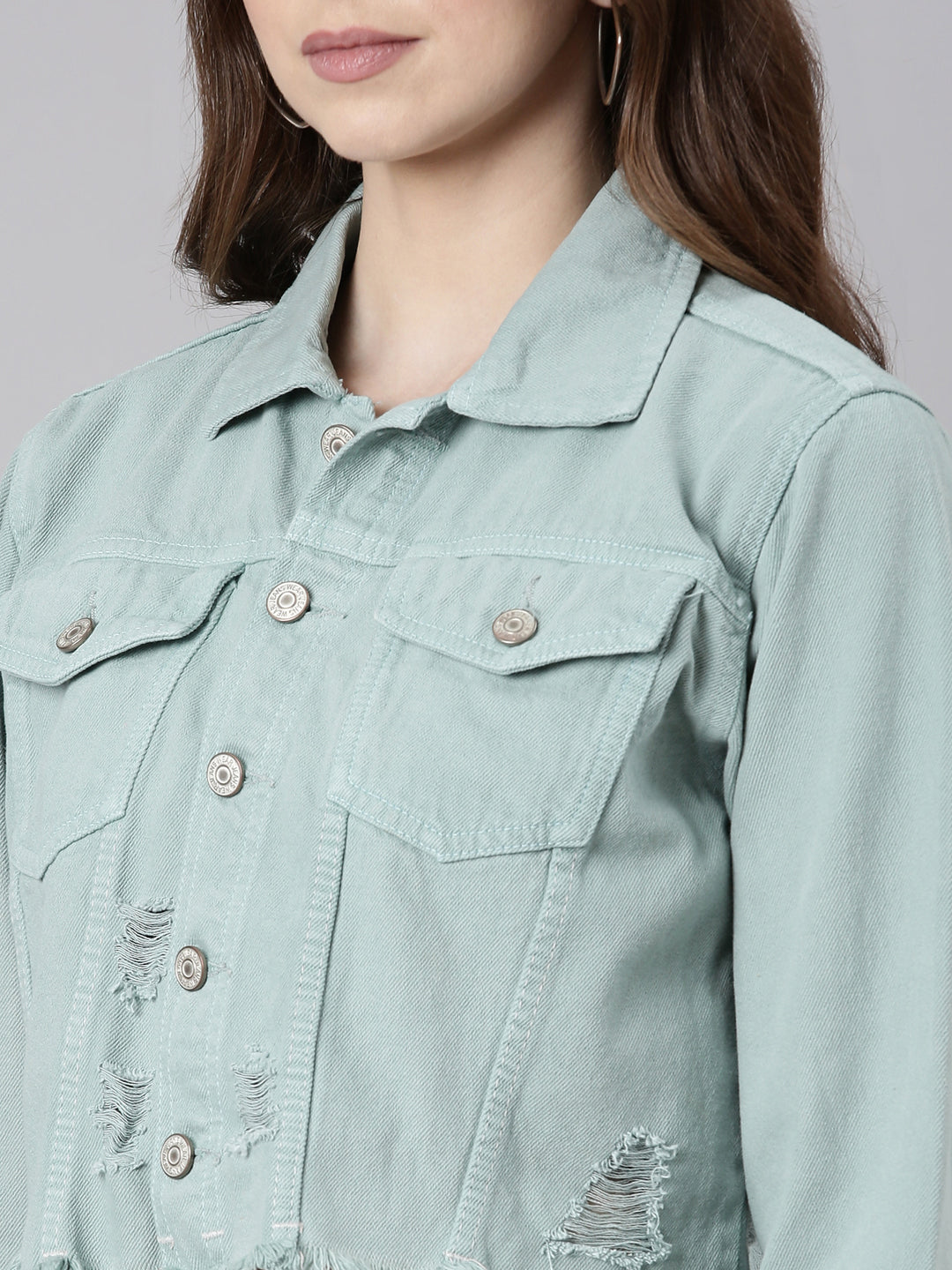 Women Sea Green Solid Denim Jacket