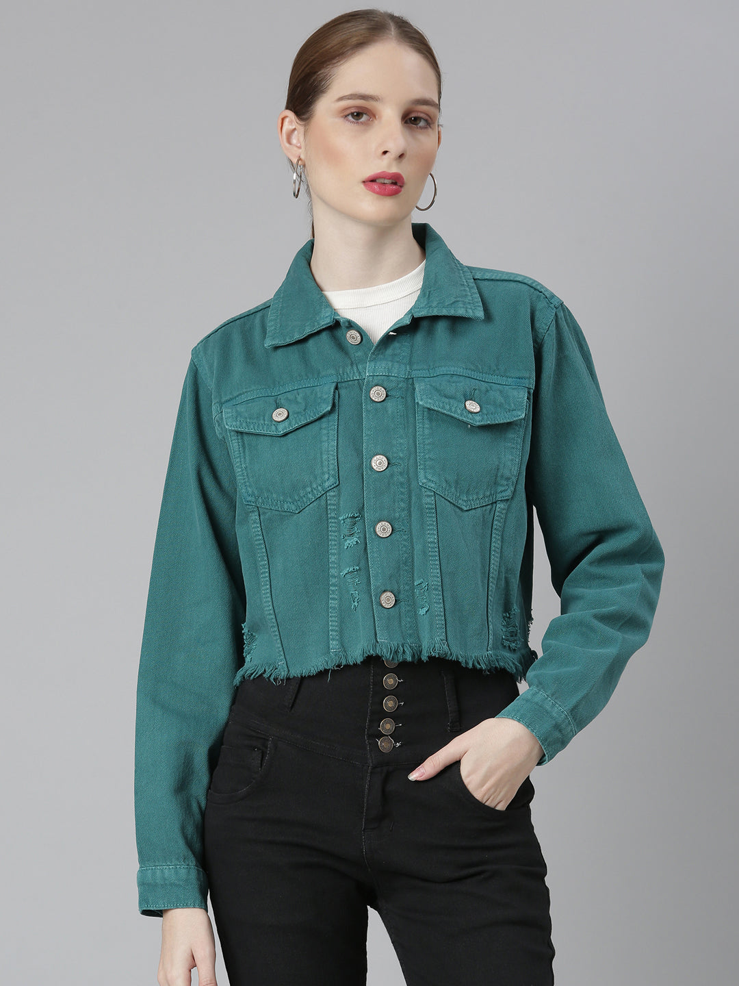 Women Teal Solid Denim Jacket