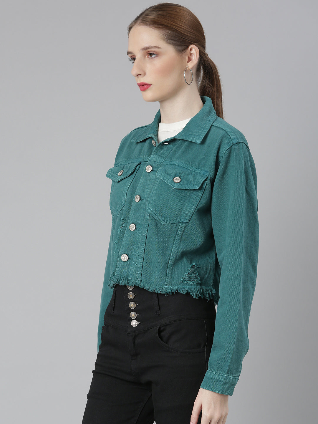 Women Teal Solid Denim Jacket