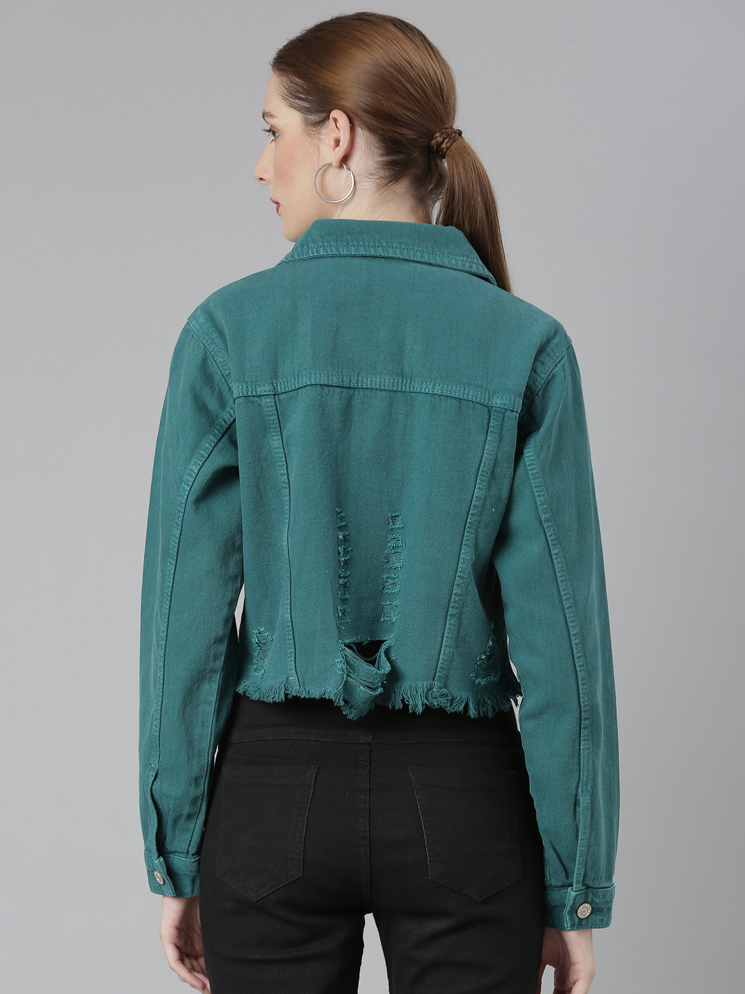 Women Teal Solid Denim Jacket