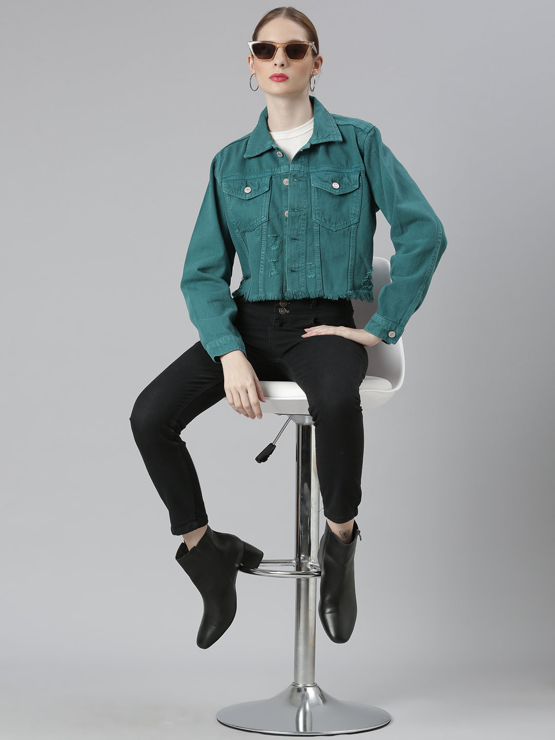 Women Teal Solid Denim Jacket