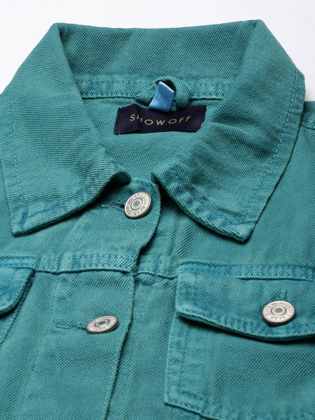 Women Teal Solid Denim Jacket