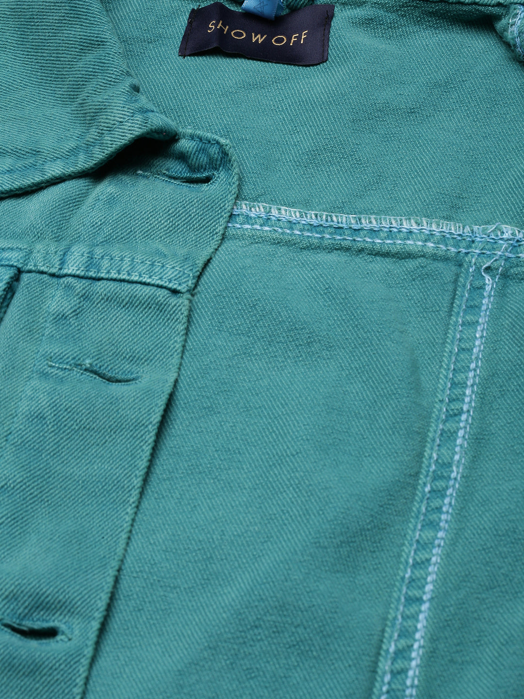 Women Teal Solid Denim Jacket