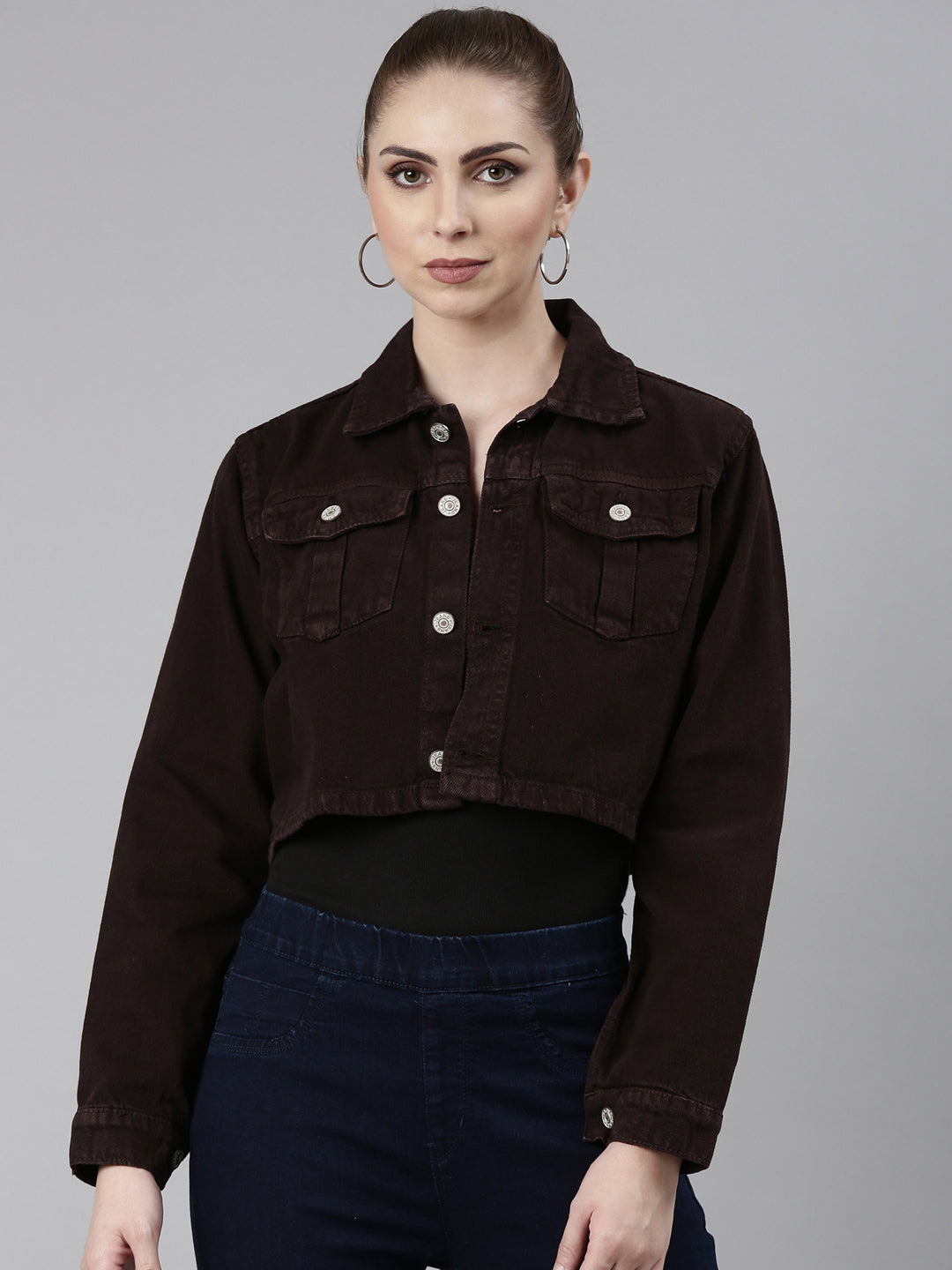 Women Coffee Brown Solid Denim Jacket